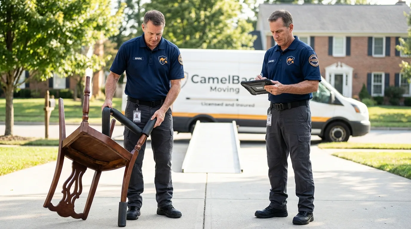 Movers inspecting furniture for damage prevention before loading in Conshohocken, PA