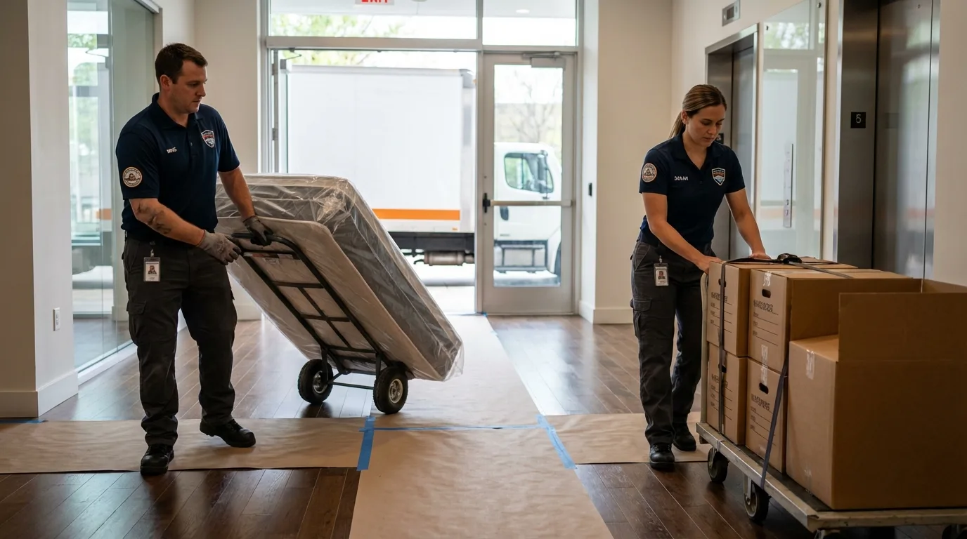 Professional apartment movers loading elevator in Conshohocken, PA